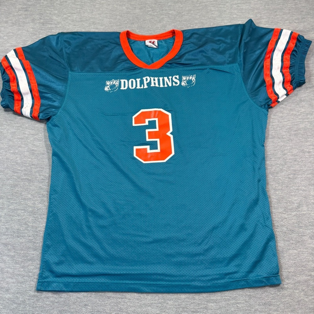 A4 Dolphins Football Jersey Mens‎ L/XL Teal Orange Mesh Mesh V-Neck Hit Me